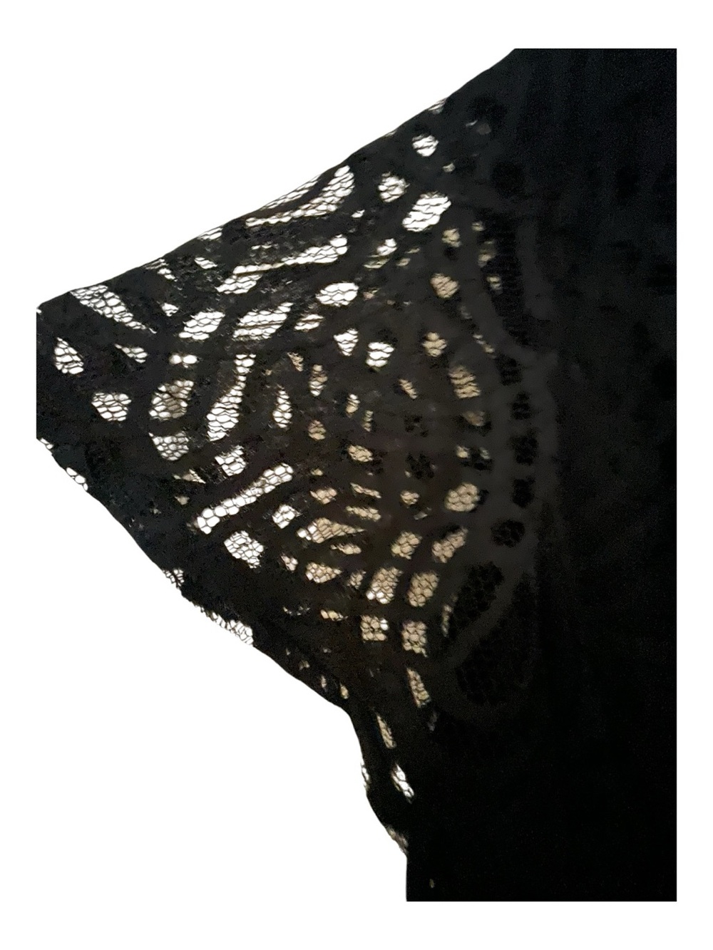 Black Lace V-Neck Dress with asymmetrical bottom and lace sleeves. 4X, 26/28W - Picture 4 of 10